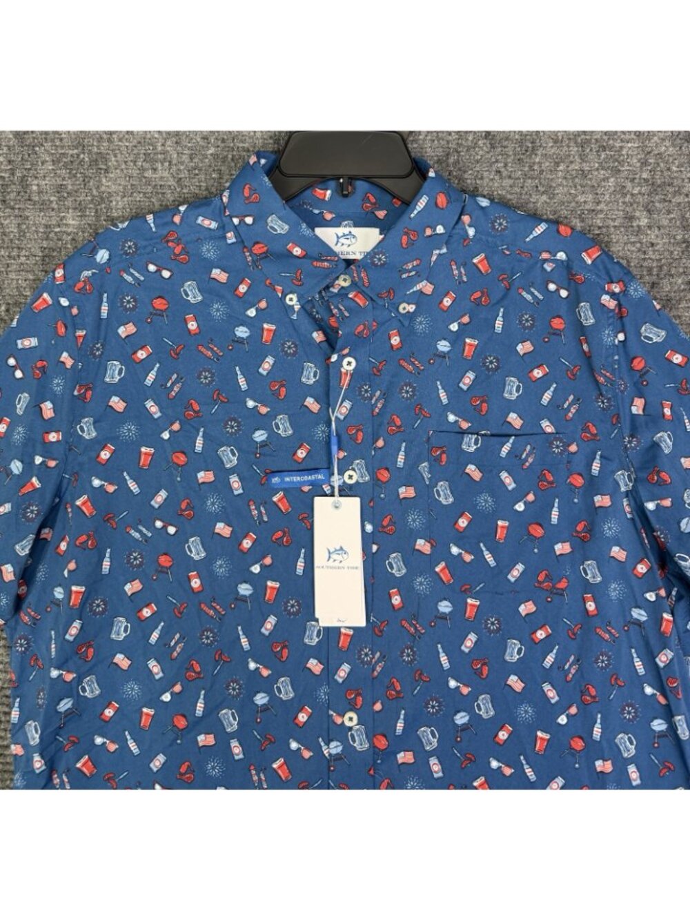 Southern Tide Men's Large Button Up Short Sleeve BBQ Print Sport Shirt Blue NEW